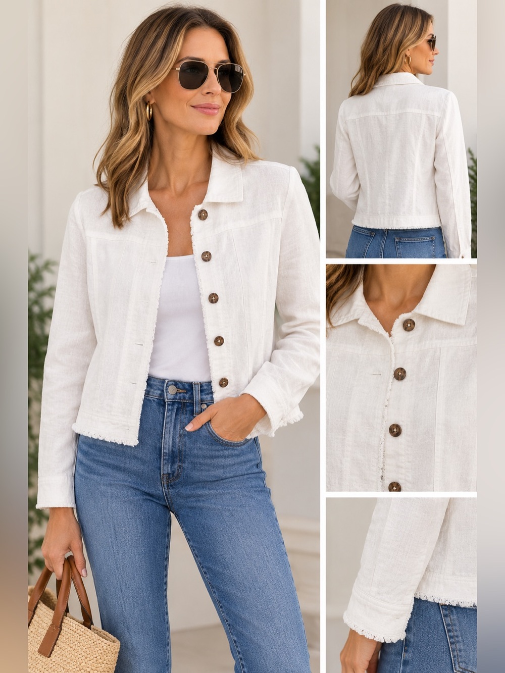 Charlie B White Linen Blend Frayed Hem Jacket XS